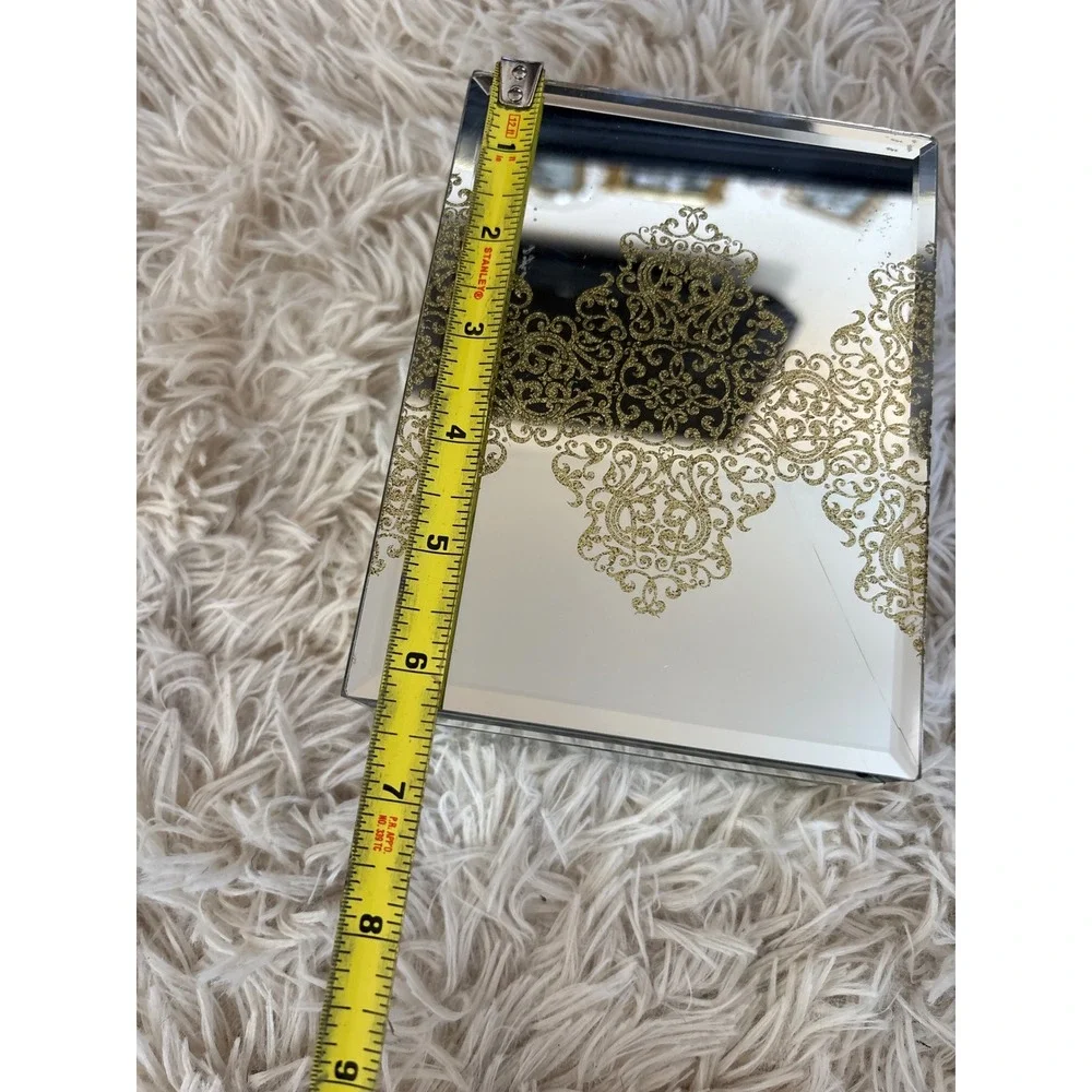 Tahari Beveled Mirrored Jewelry Box Decorative Trinket Gold Pattern‎
